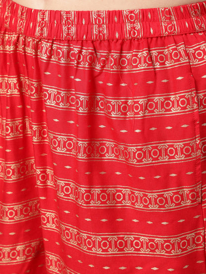 Red Gold Ethnic Printed Kurta With Palazzo And Sequance Dupatta