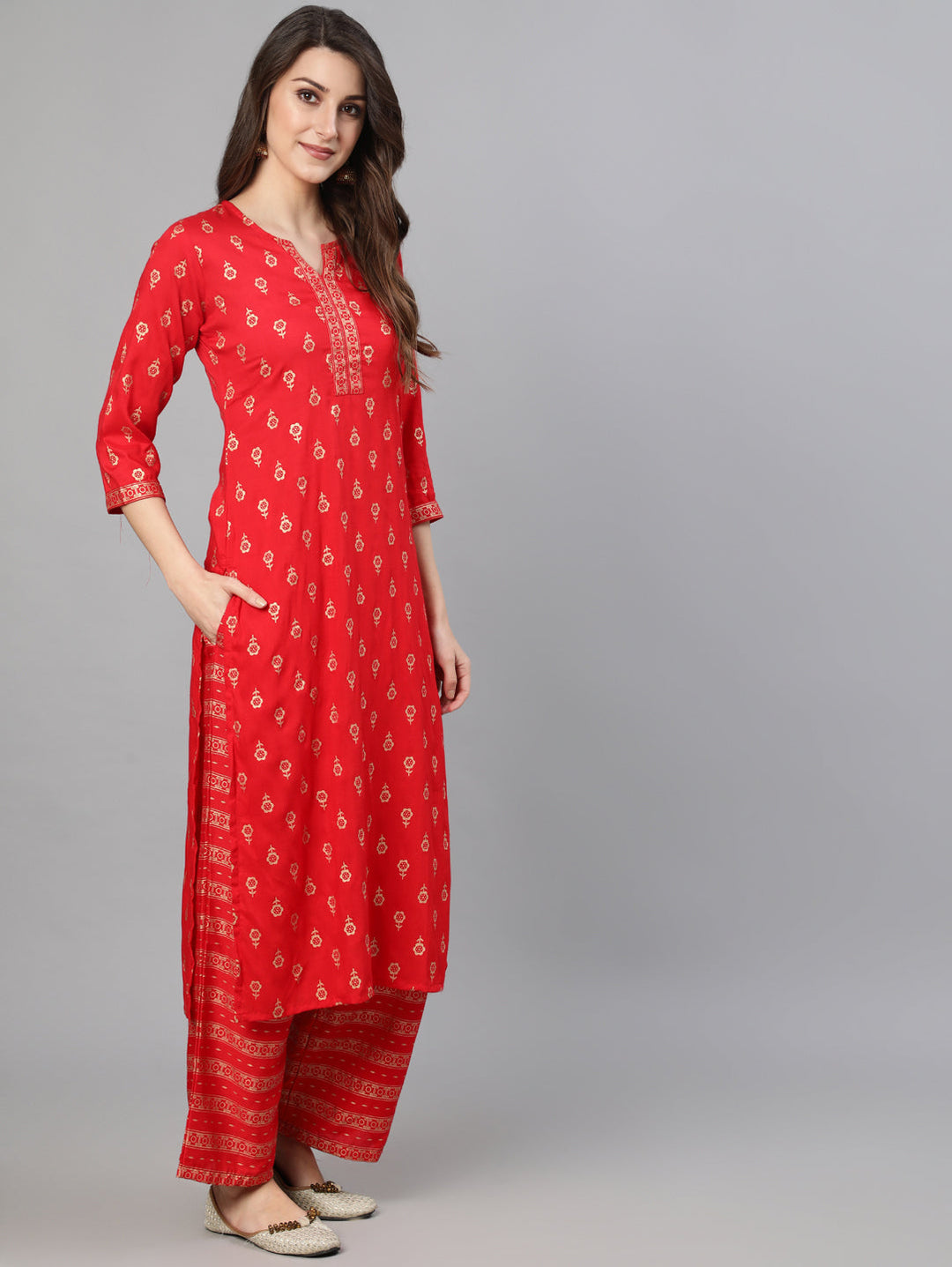 Red Gold Ethnic Printed Kurta With Palazzo And Sequance Dupatta