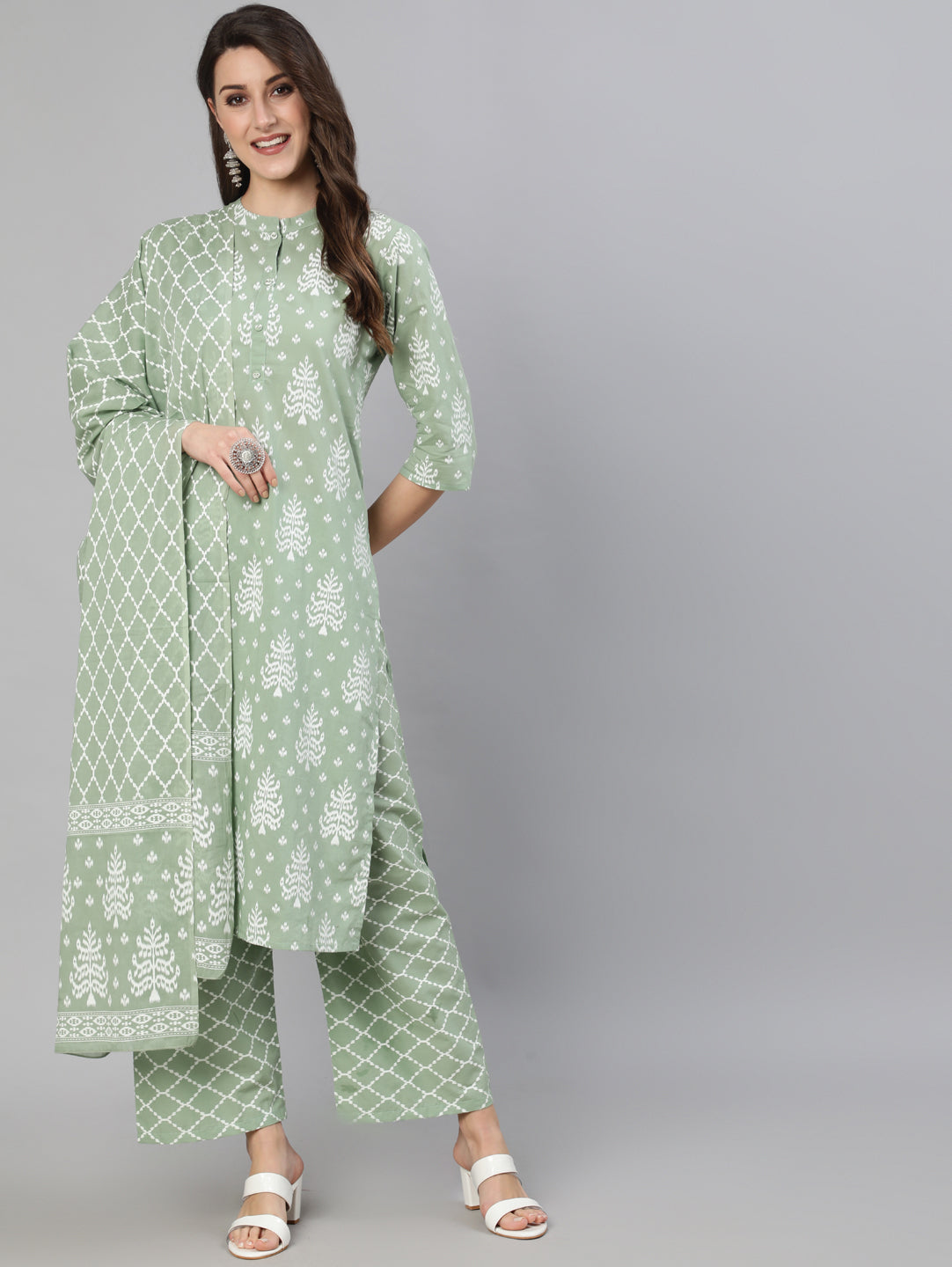 Olive Green Ethnic Printed Kurta And Palazzo With Dupatta