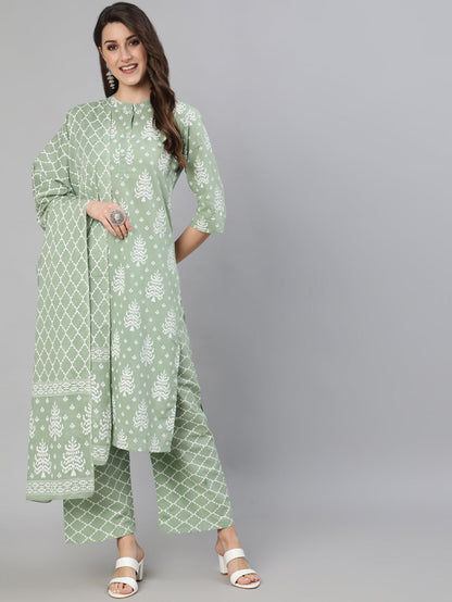 Olive Green Ethnic Printed Kurta And Palazzo With Dupatta