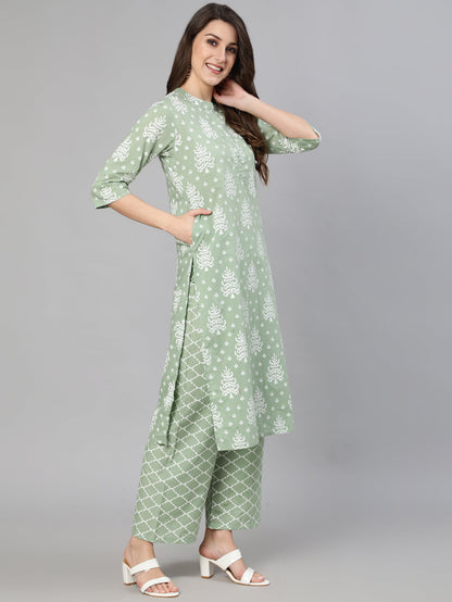 Olive Green Ethnic Printed Kurta And Palazzo With Dupatta
