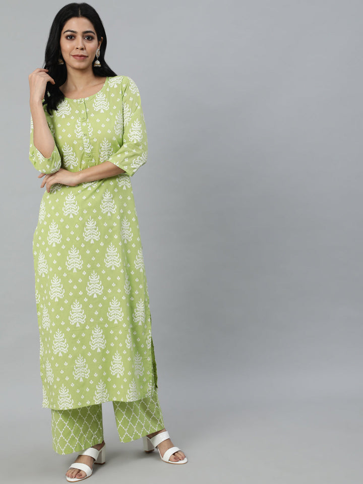 Green Printed Straight Kurta With Plazo