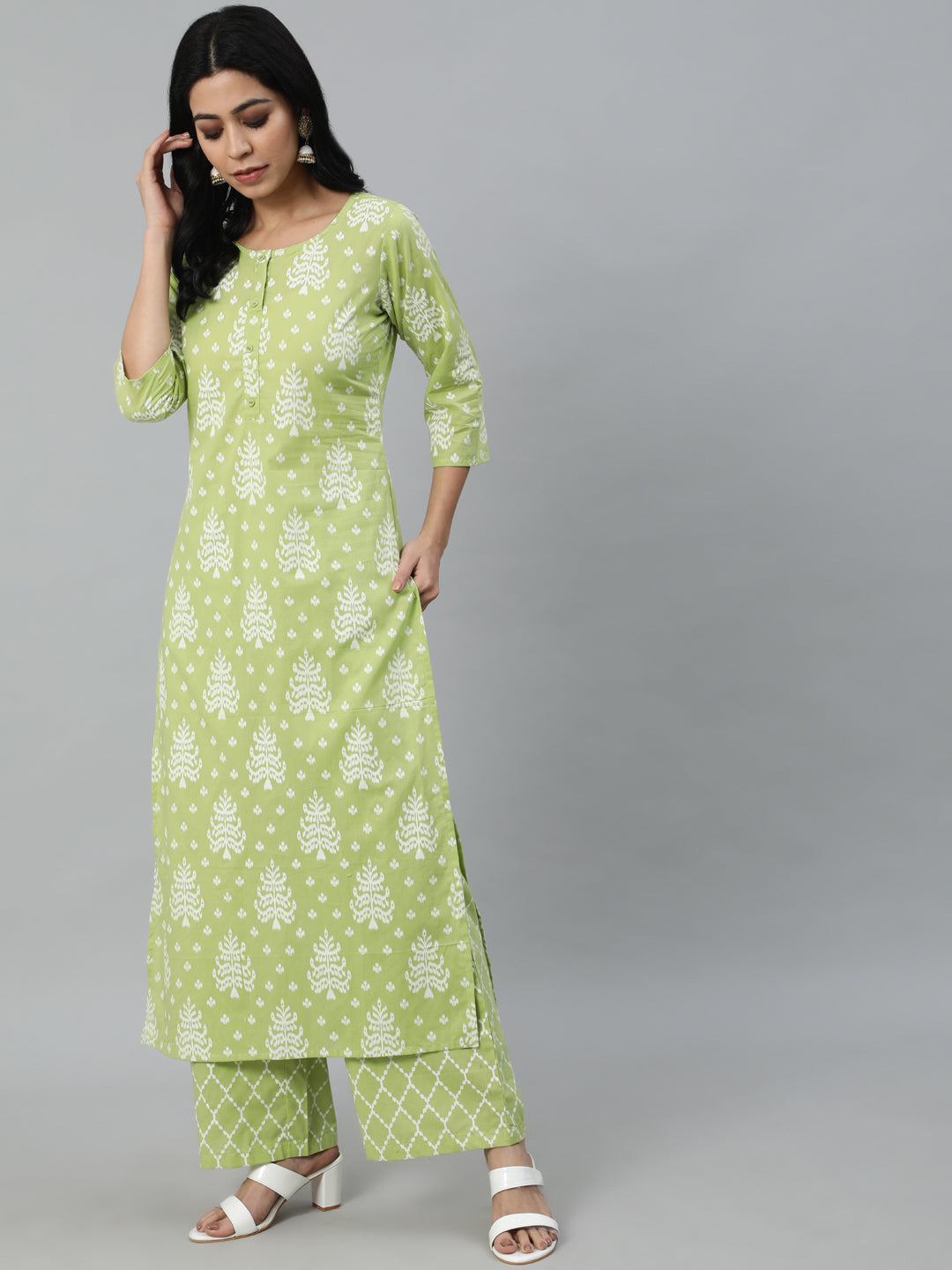 Green Printed Straight Kurta With Plazo