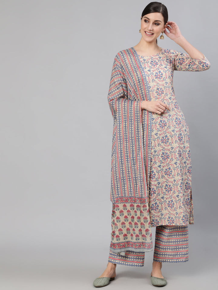 Cream Ethnic Prnited Kurta With Palazzo And Dupatta