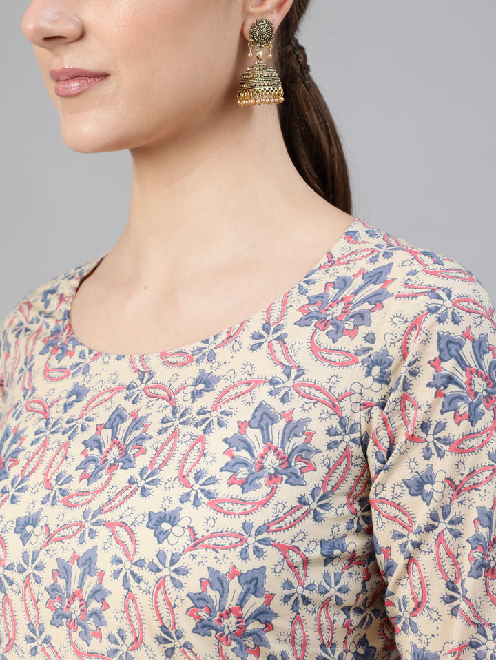Cream Ethnic Prnited Kurta With Palazzo And Dupatta