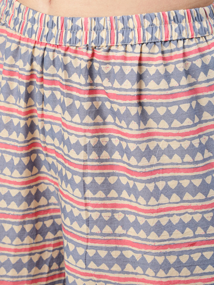 Cream Ethnic Prnited Kurta With Palazzo And Dupatta