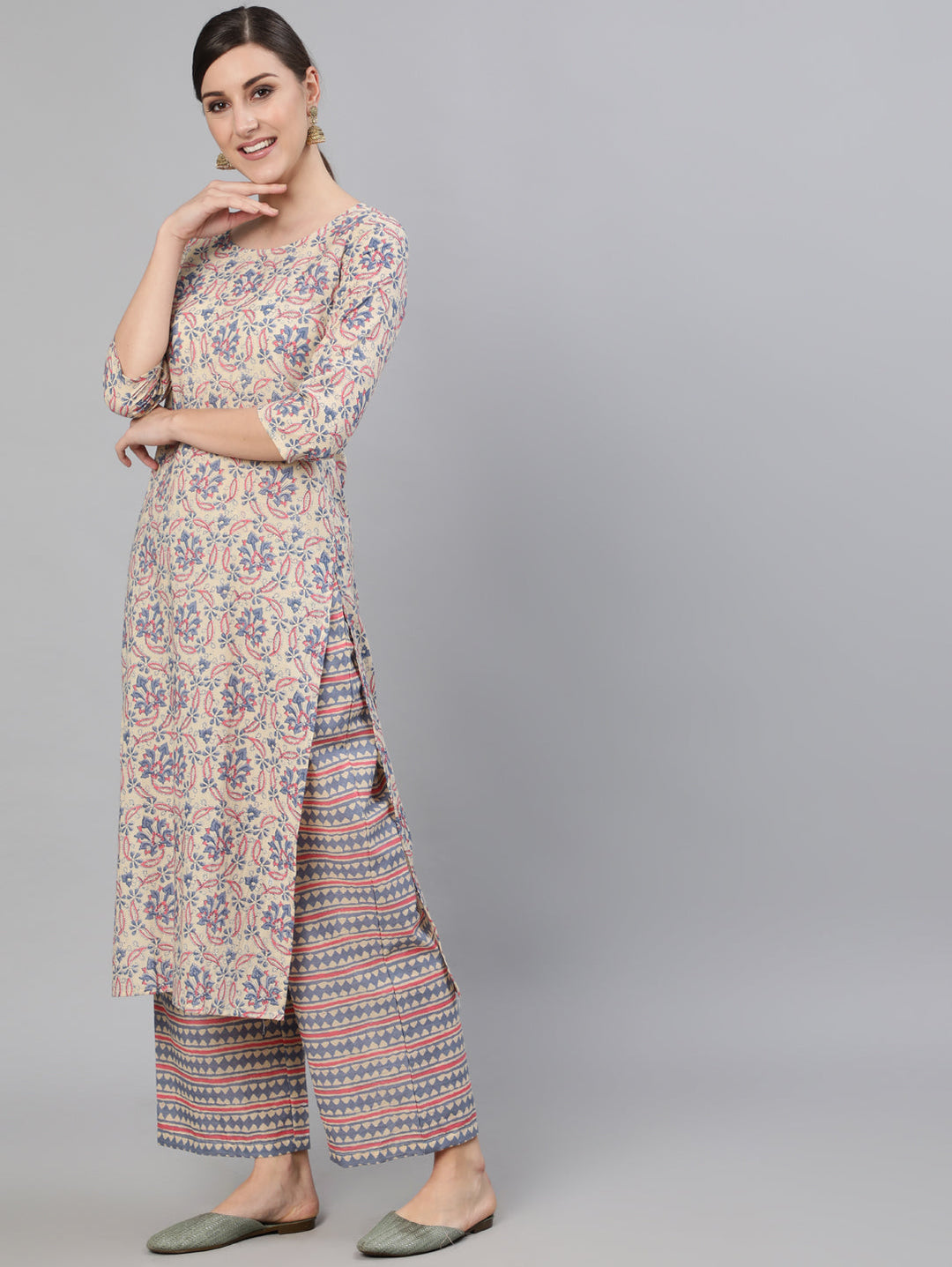 Cream Ethnic Prnited Kurta With Palazzo And Dupatta