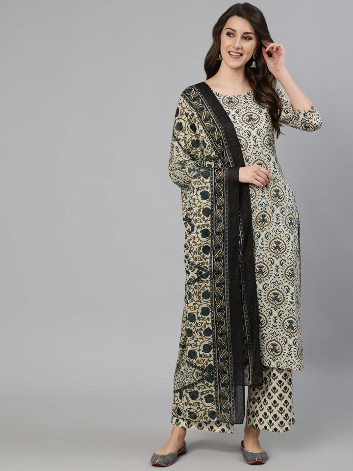Off White Ethnic Motif Printed Kurta With Palzzo And Dupatta