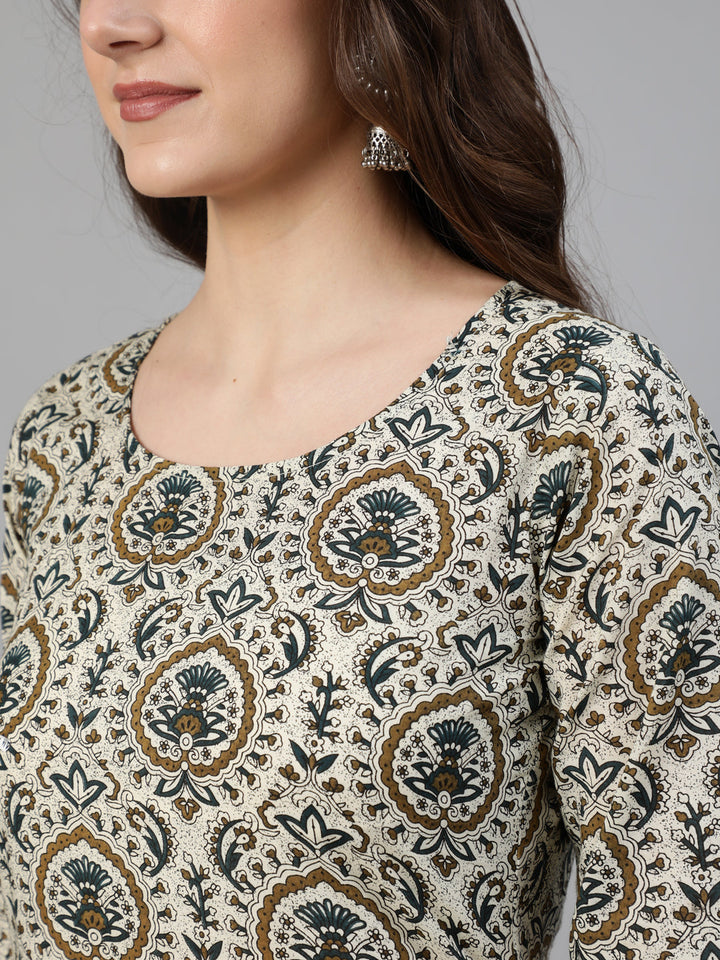 Off White Ethnic Motif Printed Kurta With Palzzo And Dupatta
