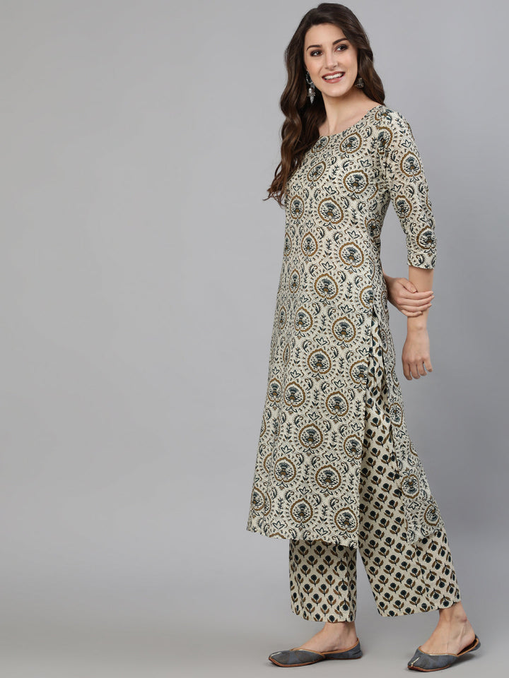Off White Ethnic Motif Printed Kurta With Palzzo And Dupatta