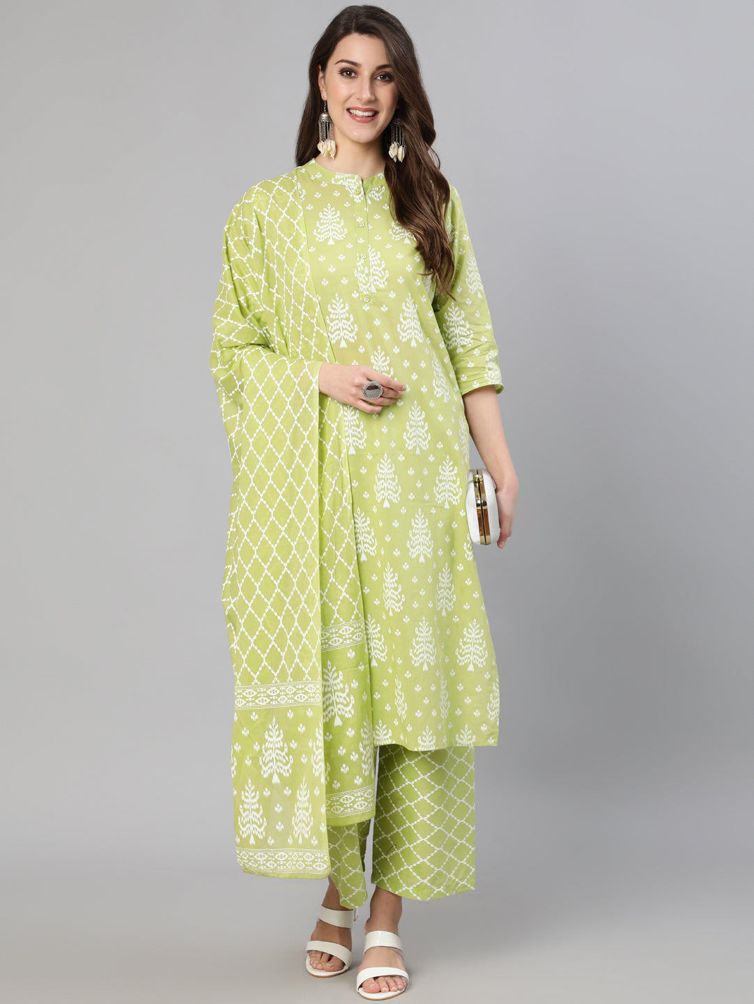 Green Ethnic Printed Straight Kurta With Palazzo And Dupatta