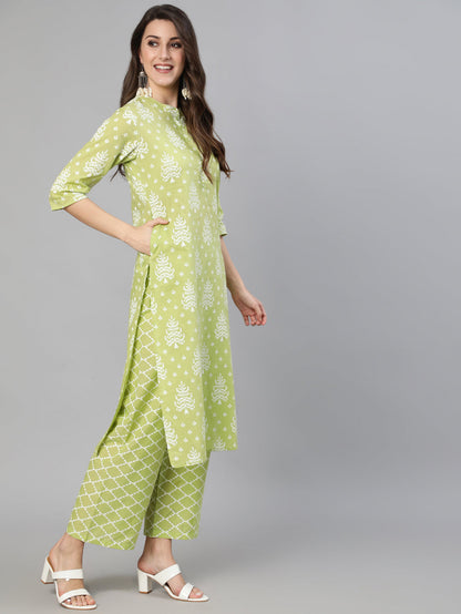 Green Ethnic Printed Straight Kurta With Palazzo And Dupatta