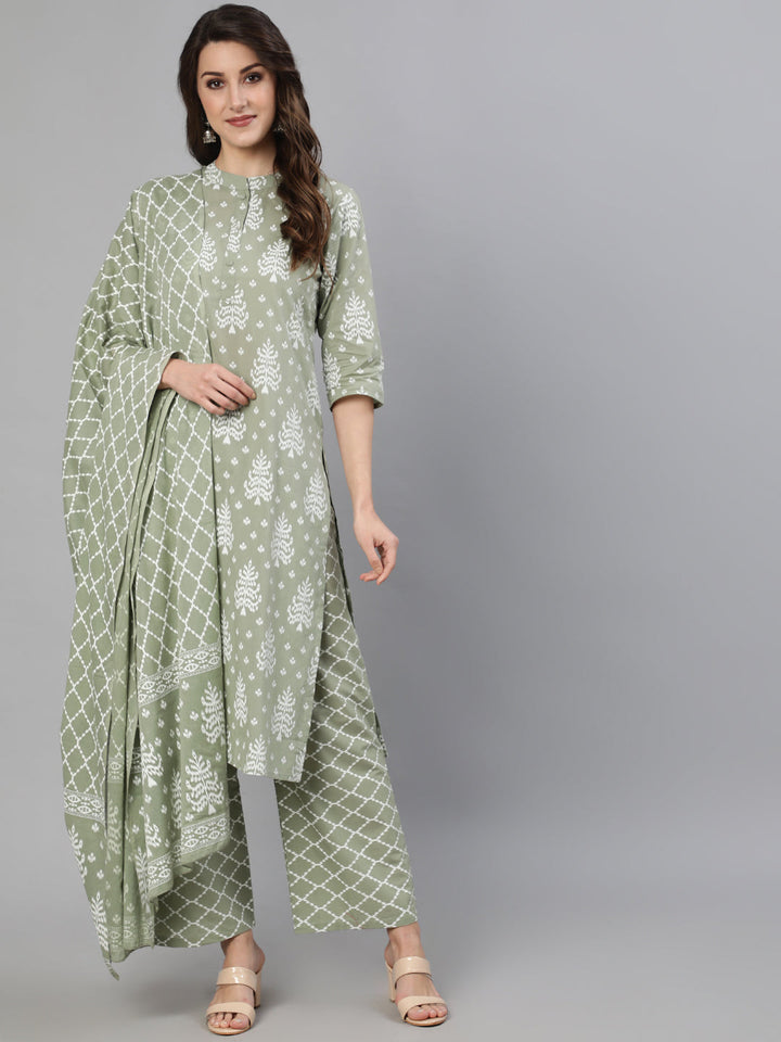 Grey Ethnic Printed Straight Kurta With Three Quarter Sleeves