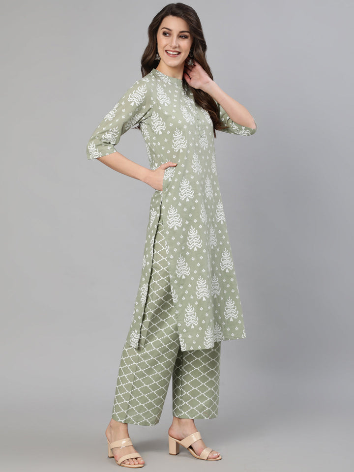 Grey Ethnic Printed Straight Kurta With Three Quarter Sleeves