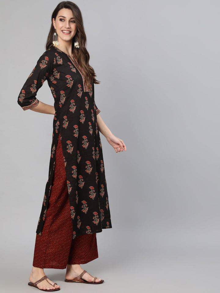 Black &amp; Maroon Floral Printed Straight Kurta With Palzzo And Dupatta