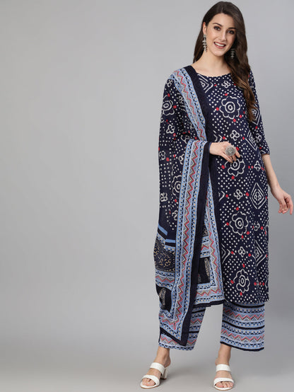Blue Bandhani Printed Straight Kurta With Palazzo Dupatta