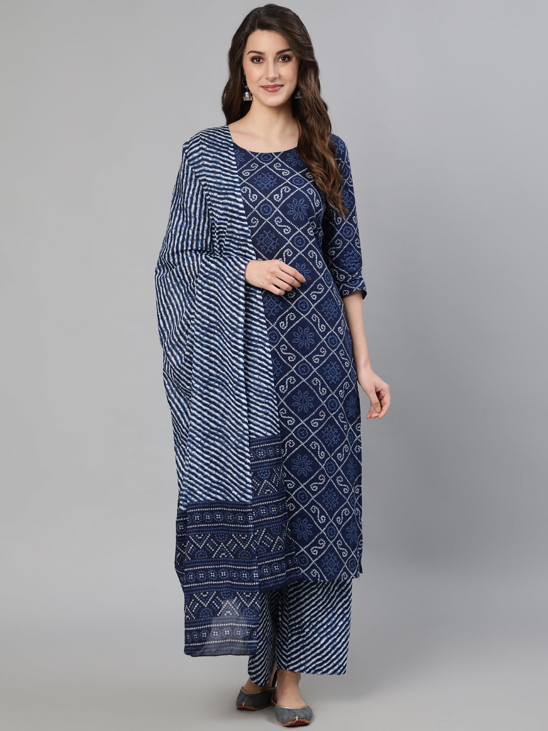 Navy Blue Bandhani Printed Straight Kurta With Dupatta And Palazzos