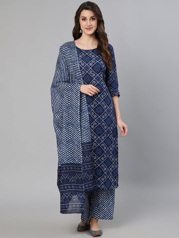 Navy Blue Bandhani Printed Straight Kurta With Dupatta And Palazzos