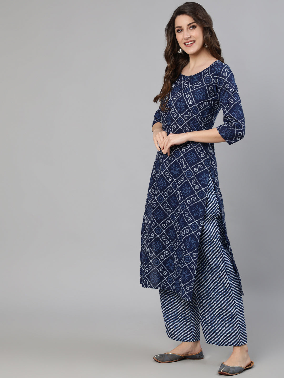 Navy Blue Bandhani Printed Straight Kurta With Dupatta And Palazzos