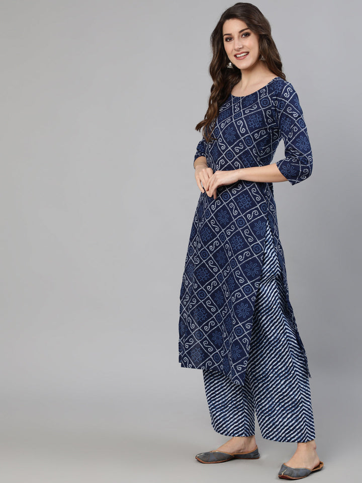 Navy Blue Bandhani Printed Straight Kurta With Dupatta And Palazzos