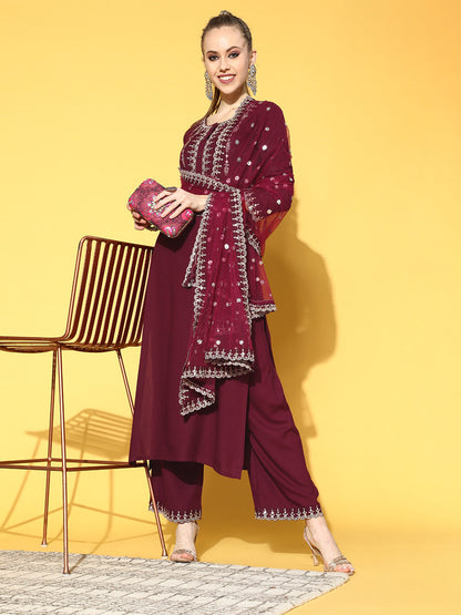 Burgundy Embroidered Straight Kurta With Plazo & Dupatta