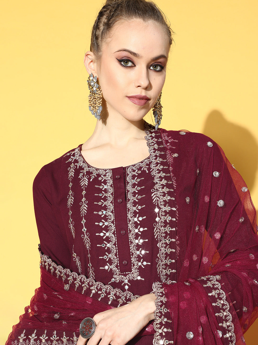 Burgundy Embroidered Straight Kurta With Plazo & Dupatta