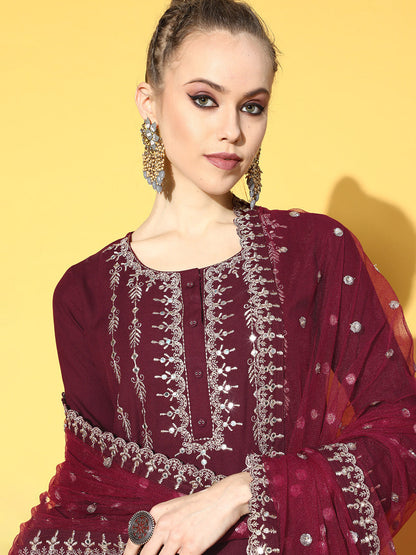 Burgundy Embroidered Straight Kurta With Plazo & Dupatta