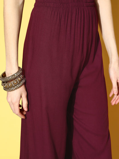 Burgundy Embroidered Straight Kurta With Plazo & Dupatta