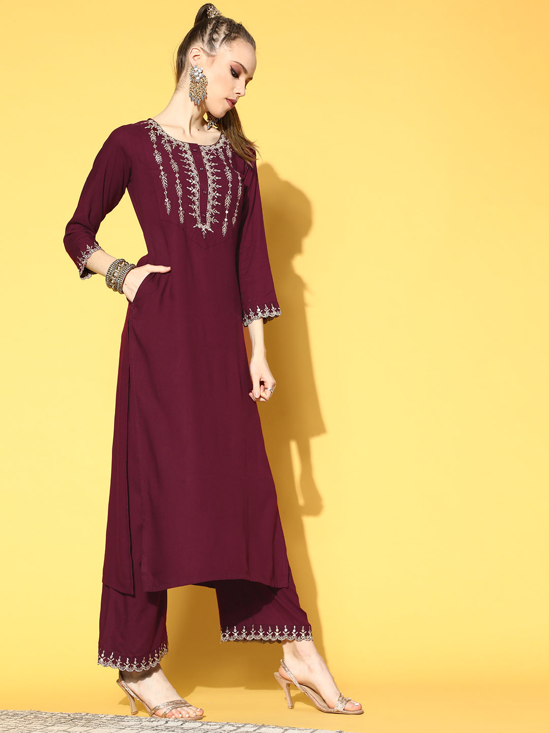 Burgundy Embroidered Straight Kurta With Plazo & Dupatta