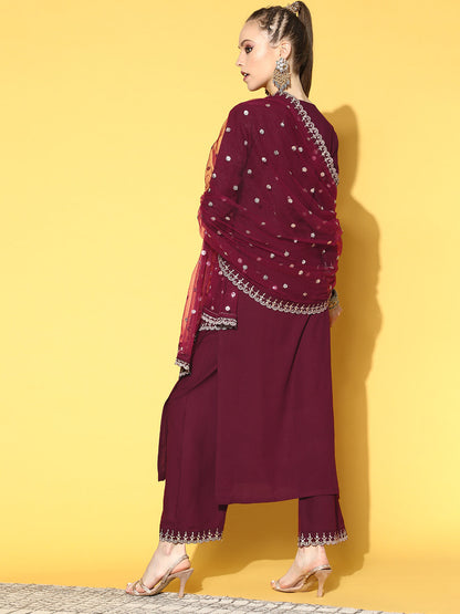 Burgundy Embroidered Straight Kurta With Plazo & Dupatta