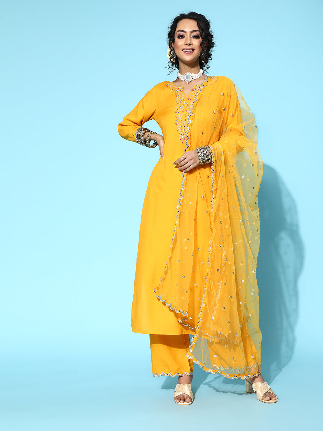 Yellow Embroidered Straight Kurta With Plazo &amp; Dupatta