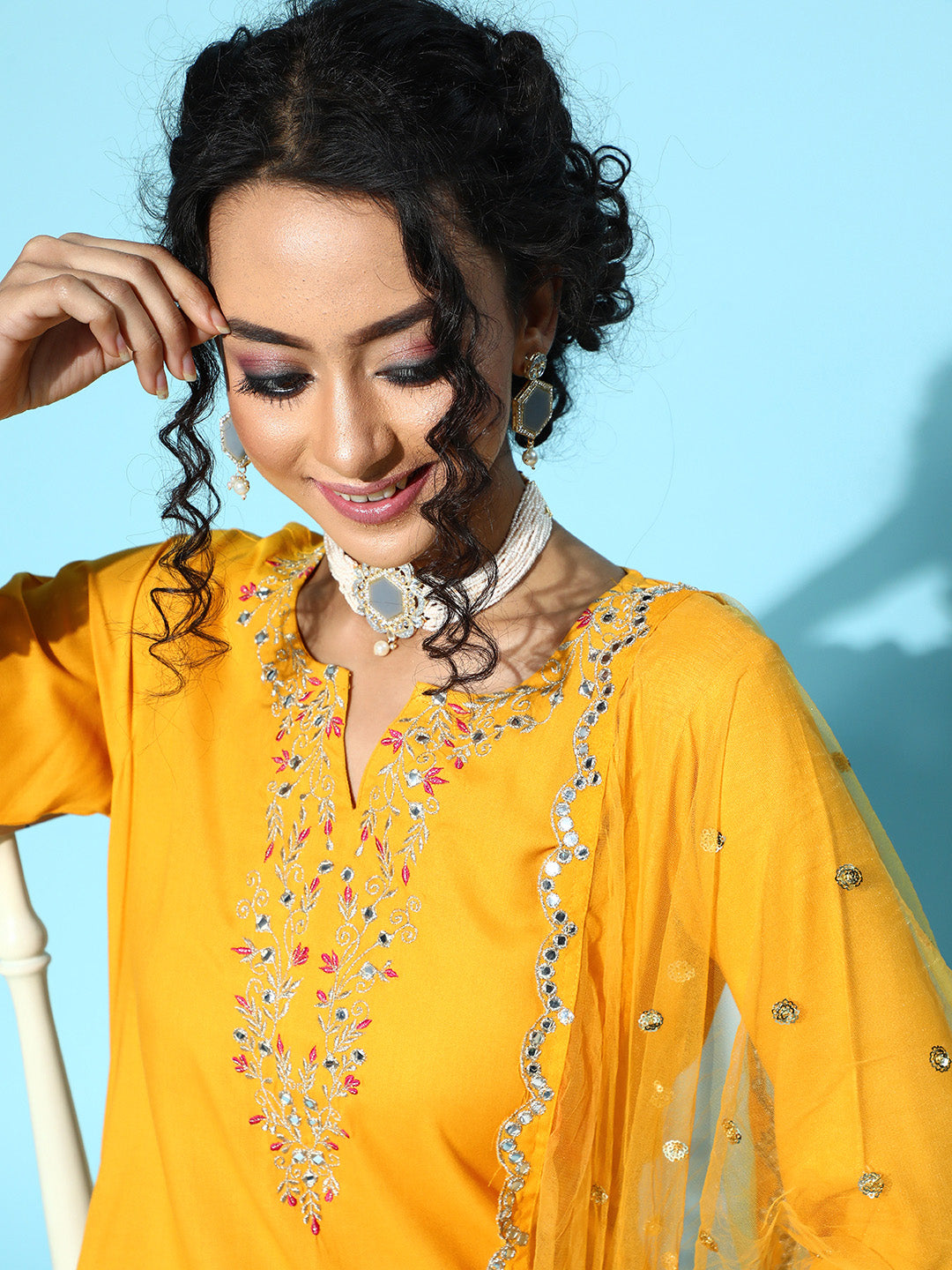 Yellow Embroidered Straight Kurta With Plazo &amp; Dupatta