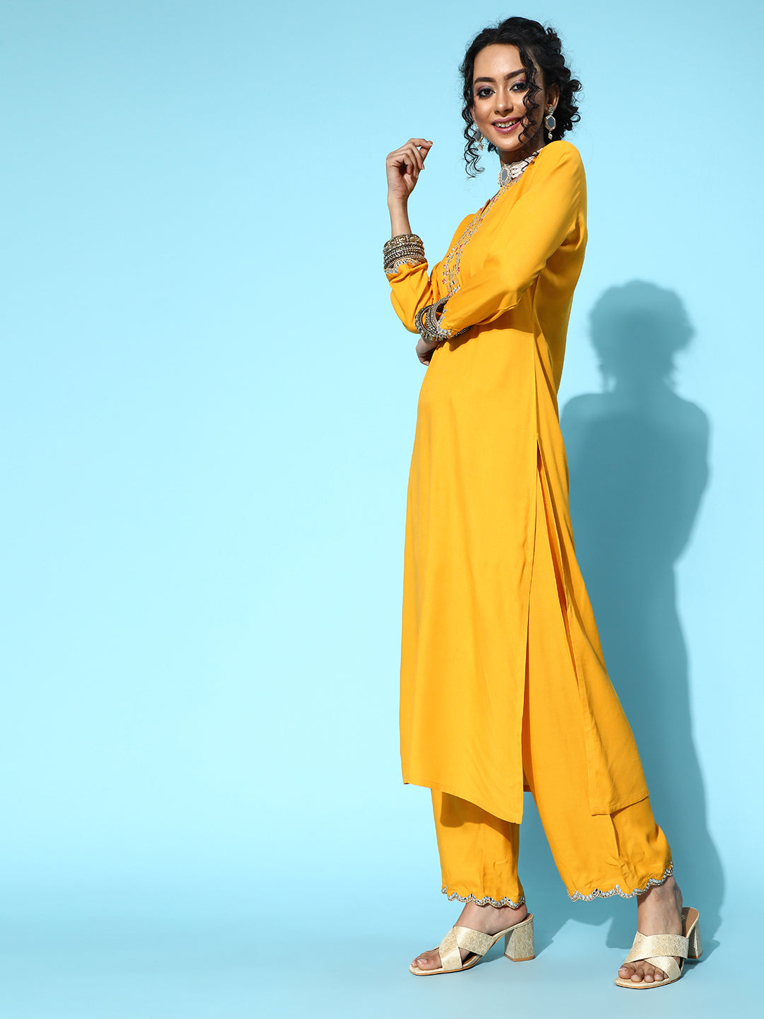 Yellow Embroidered Straight Kurta With Plazo &amp; Dupatta