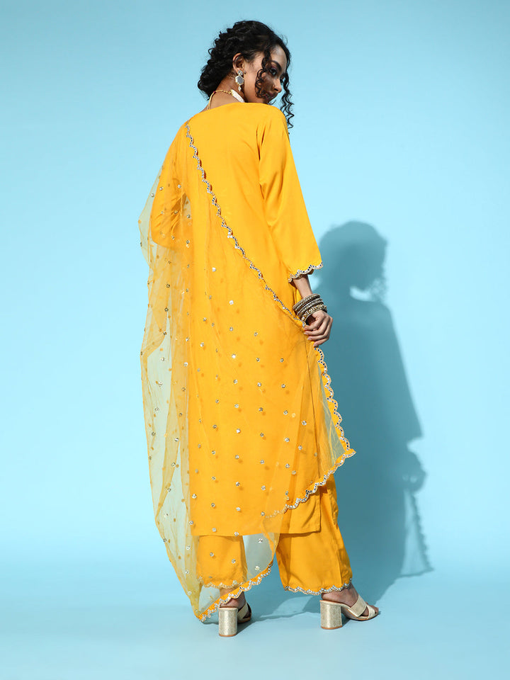Yellow Embroidered Straight Kurta With Plazo &amp; Dupatta