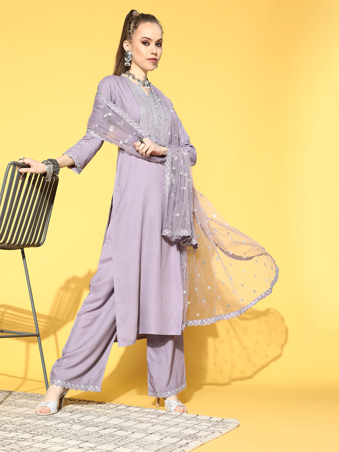 Lavender Embroidered Straight Kurta With Plazo &amp; Dupatta