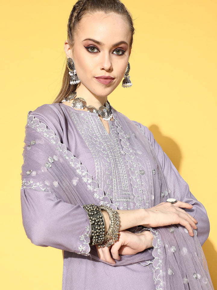 Lavender Embroidered Straight Kurta With Plazo &amp; Dupatta