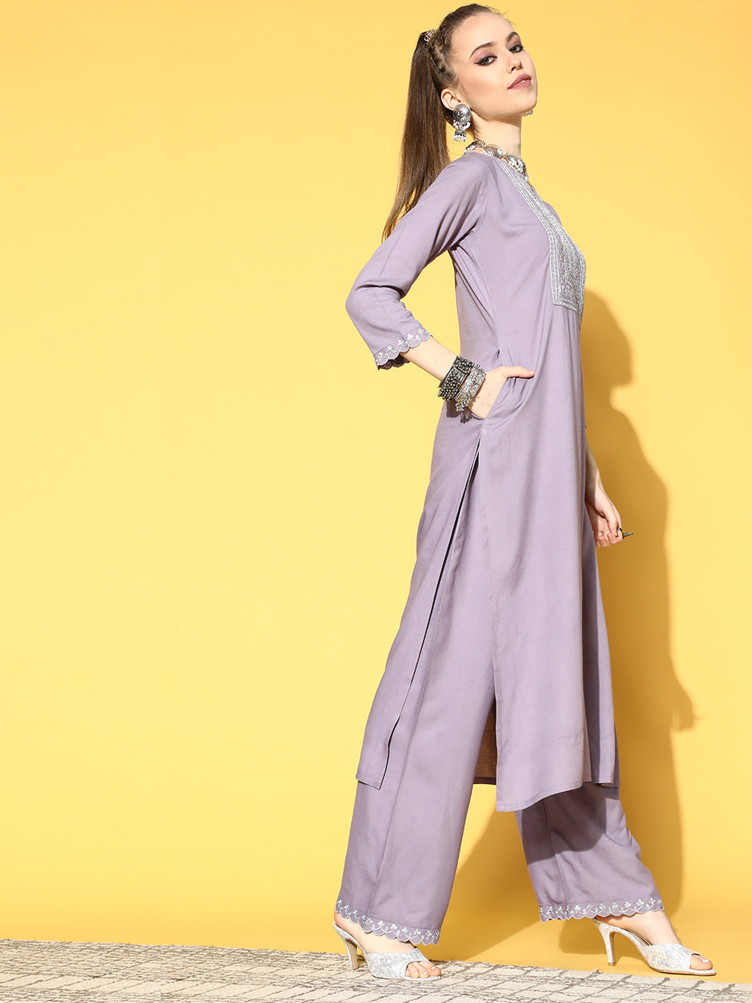 Lavender Embroidered Straight Kurta With Plazo &amp; Dupatta