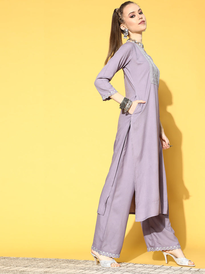 Lavender Embroidered Straight Kurta With Plazo &amp; Dupatta
