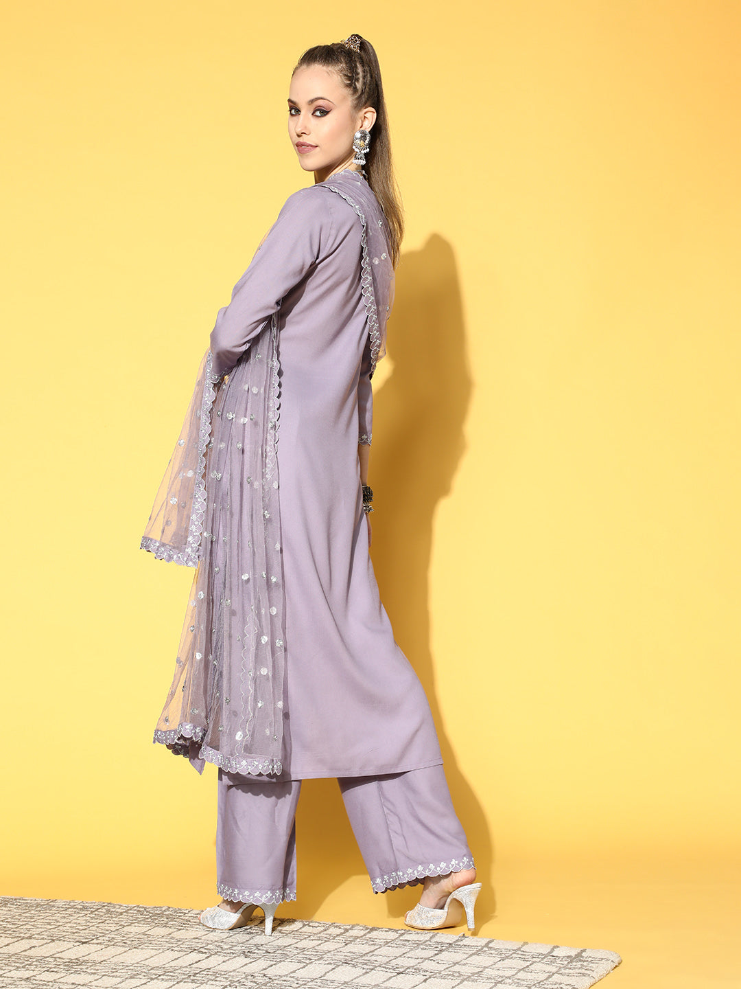 Lavender Embroidered Straight Kurta With Plazo &amp; Dupatta