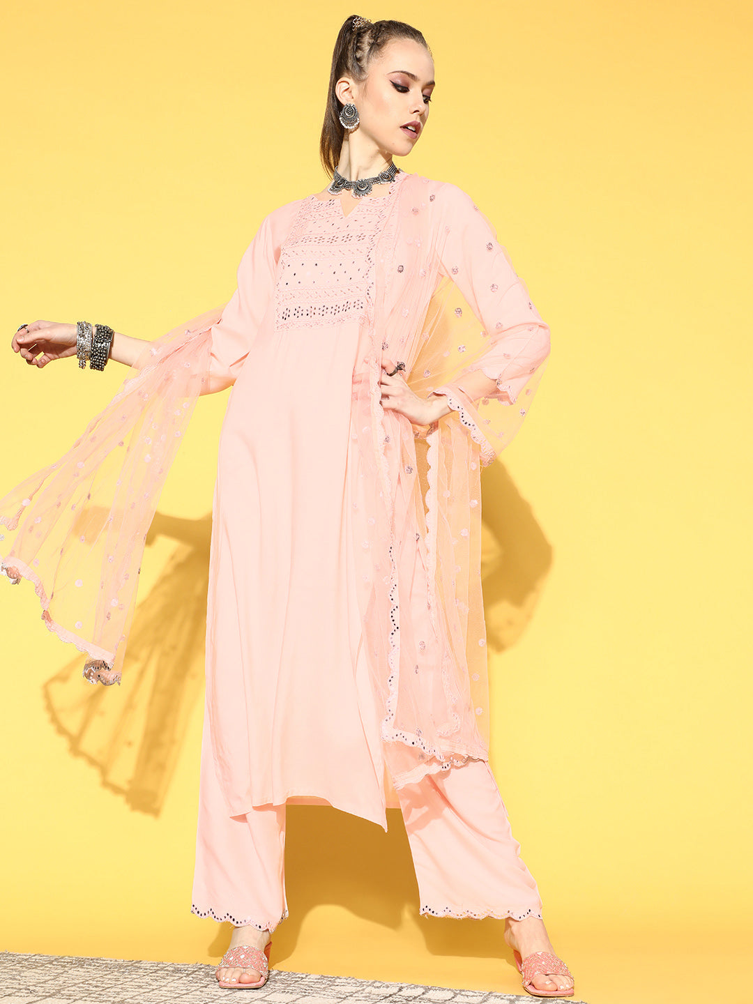 Light Pink Embroidered Straight Kurta With Plazo &amp; Dupatta