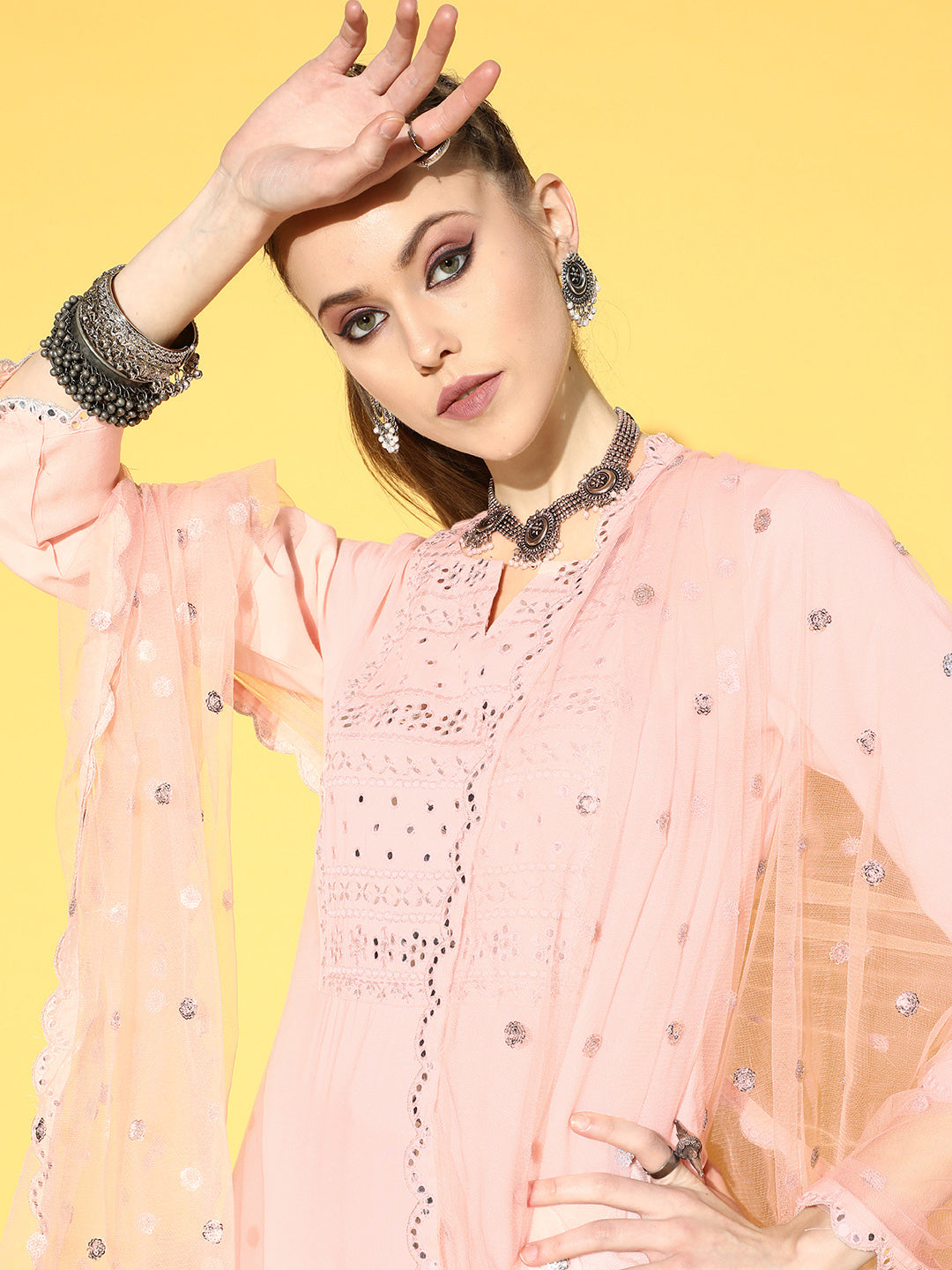 Light Pink Embroidered Straight Kurta With Plazo &amp; Dupatta
