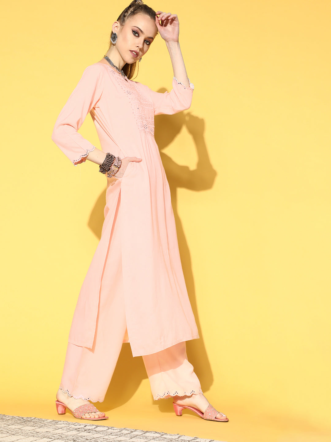 Light Pink Embroidered Straight Kurta With Plazo &amp; Dupatta