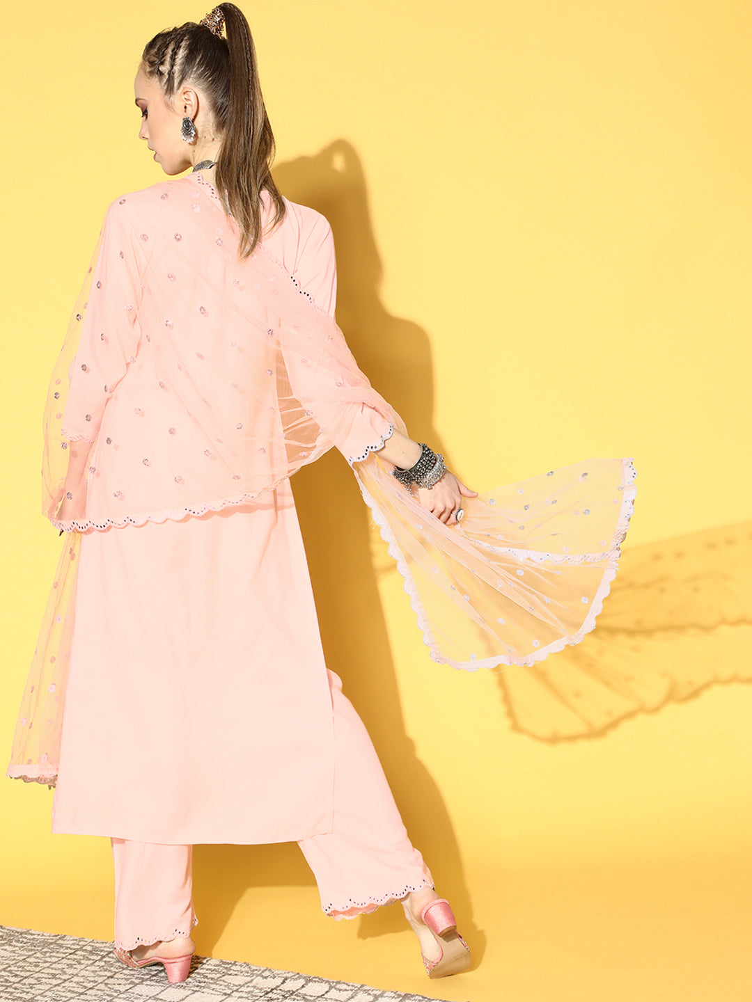 Light Pink Embroidered Straight Kurta With Plazo &amp; Dupatta