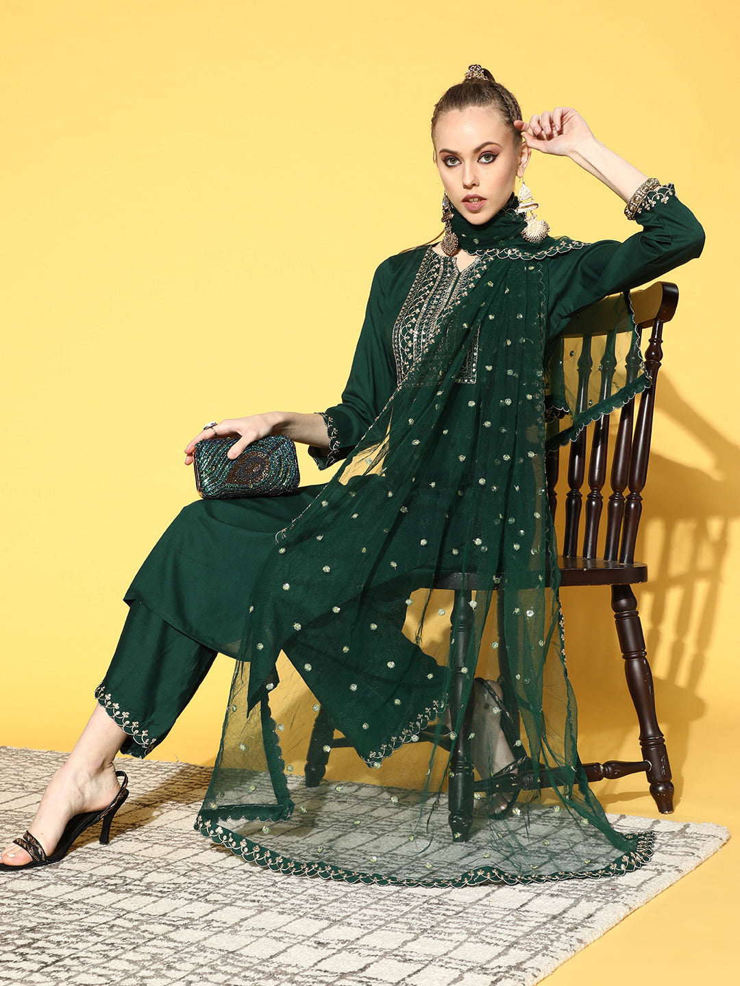 Green Embroidered Straight Kurta With Plazo & Dupatta