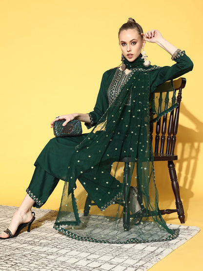 Green Embroidered Straight Kurta With Plazo & Dupatta