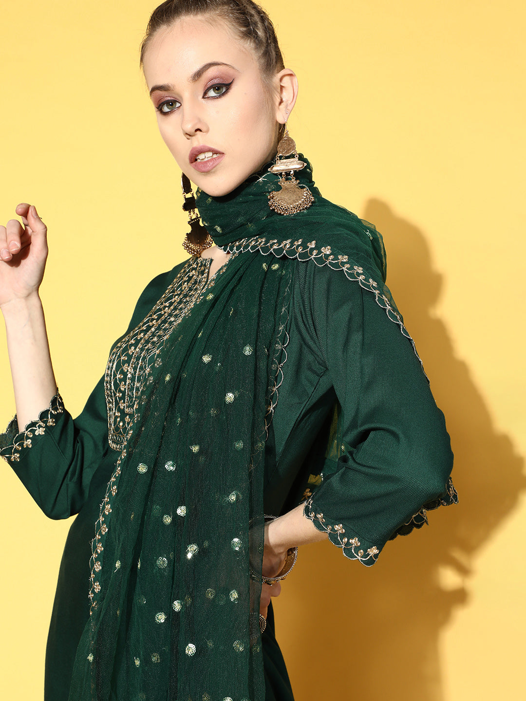 Green Embroidered Straight Kurta With Plazo & Dupatta