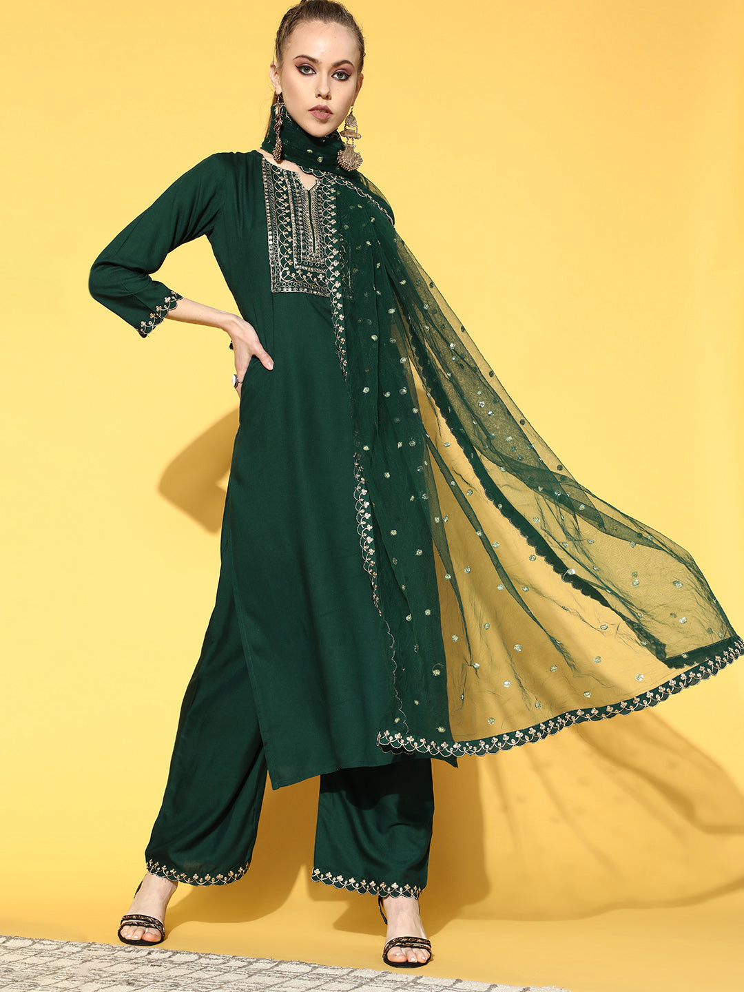 Green Embroidered Straight Kurta With Plazo & Dupatta