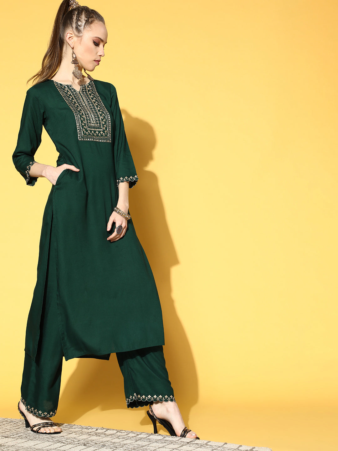 Green Embroidered Straight Kurta With Plazo & Dupatta
