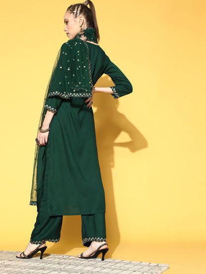 Green Embroidered Straight Kurta With Plazo & Dupatta