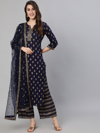 Navy Blue Gold Ethnic Printed Kurta With Palazzo And Sequance Dupatta